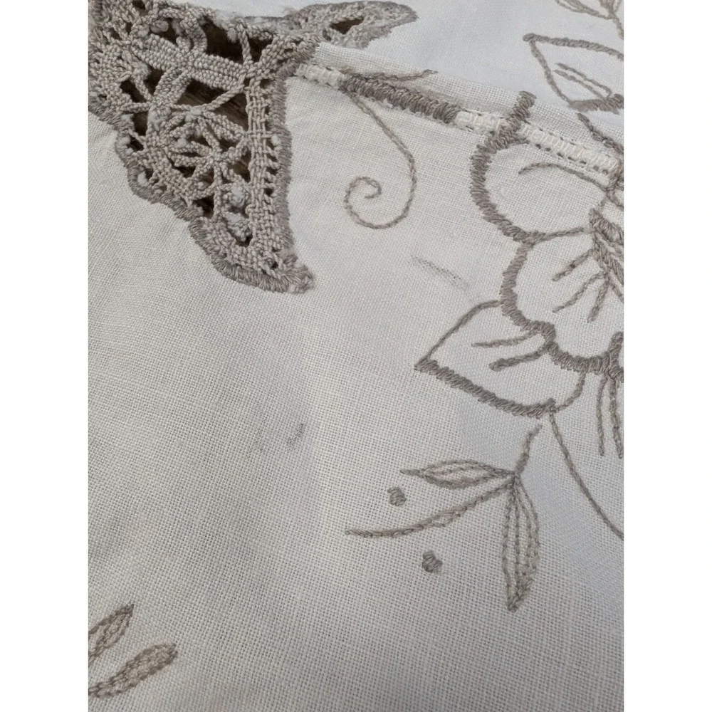 Vintage‎ Embroidered Scalloped Edge Cotton Ivory Tablecloth Oval 65